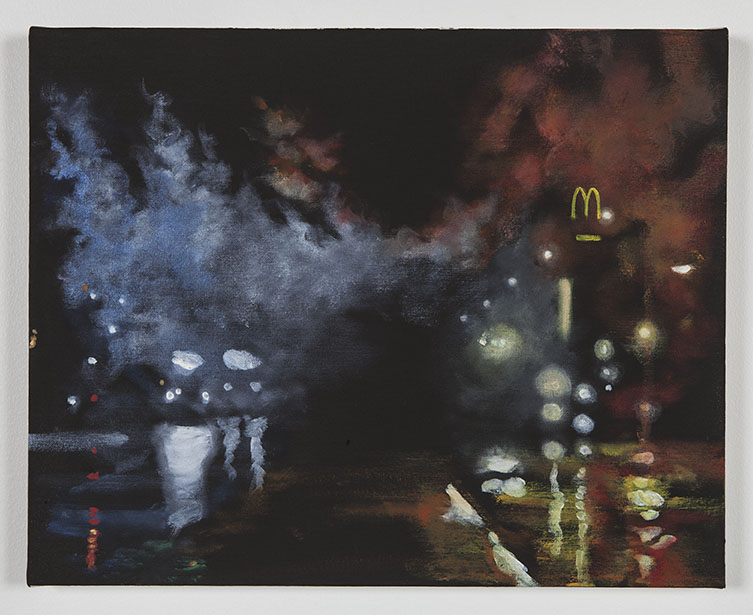 桑迪罗德里格斯，催泪瓦斯 1 号（弗格森），2014 年。布面油画。 16 x 20 英寸。由艺术家提供。肖恩·希姆-博伊尔摄。