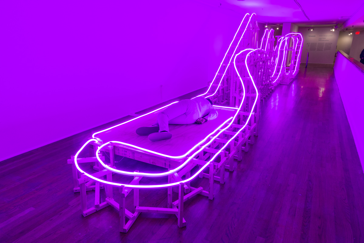 EJ Hill, A Monumental Offering of Potential Energy, 2016. The Studio Museum in Harlem, New York. Wood and LED neon flex. 492 × 108 × 85 inches. Performance duration: 512 hours over 3 ½ months. Photo by Adam Reich.