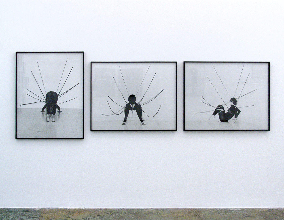 Senga Nengudi, Performance Piece, 1978. Black and white photographs. Framed: 41 × 32 1/2 × 1 3/4 in. -2 works; Framed: 32 1/2 × 41 × 1 3/4 in. -1 work. Courtesy of the artist; Thomas Erben Gallery, New York; and Lévy Gorvy, New York, London.