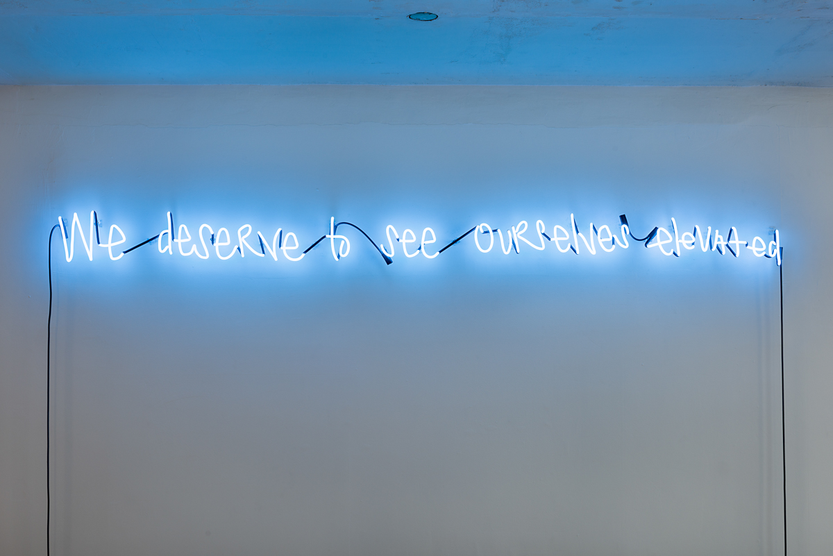 EJ Hill, A Declaration, 2017. Commonwealth & Council, Los Angeles. Neon. 8 x 100 inches. Photo by Ruben Diaz.