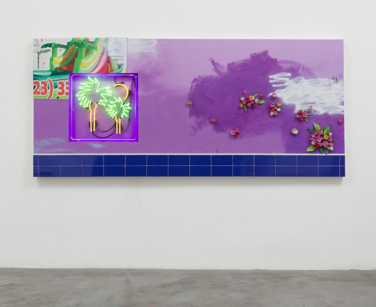 Patrick Martinez, Los Angeles Landscape (Echo Park), 2017. Ceramic, found banner tarp, ceramic tile on stucco and neon on panel.  48 × 108 inches. Courtesy of the artist and Charlie James Gallery, Los Angeles. Photo by Michael Underwood.