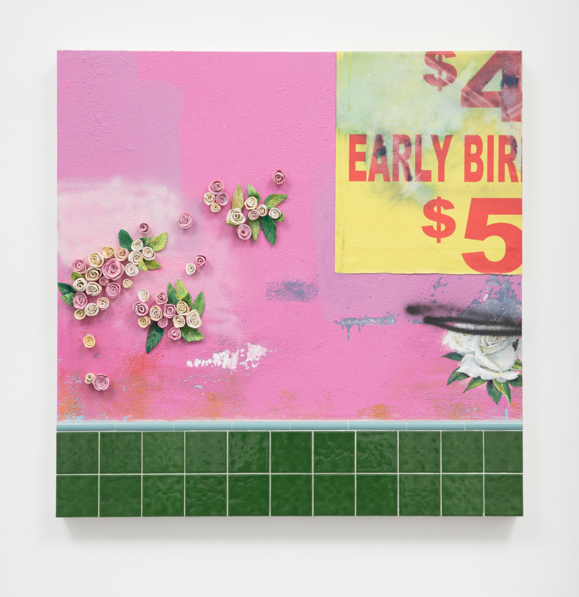 Patrick Martinez, Chinatown Flowers (early bird), 2017. Ceramic, found banner tarp, ceramic tile and mixed media on panel with wall stucco. 48 × 48 in. Courtesy of the artist and Charlie James Gallery, Los Angeles.  Photo by Michael Underwood.